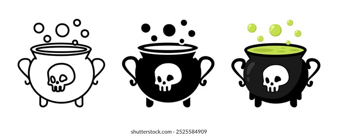 Halloween cauldron with poison icon. Witch pot with death skull and boiling poison vector illustration. Horror cauldron cartoon art. Witchcraft symbol. Magic spell cooking sign. Mystery boiler concept