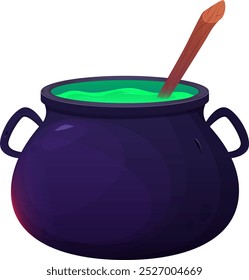 Halloween cauldron. Potion boiling in a cauldron. Witch pot with green potion. Cartoon style. Vector illustration.