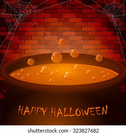 Halloween cauldron with potion and bubbles on a brick wall background, illustration.