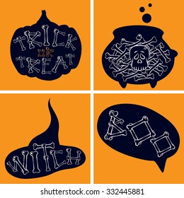 Halloween cauldron potion with skull inside. Halloween pumpkin with text: trick or treat. Halloween witches hat. Speech bubble says Boo! Halloween symbols. Vector illustration