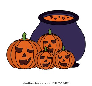 halloween cauldron and pumpkins isolated icon