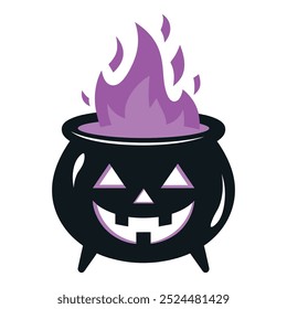 Halloween Cauldron with Purple Flames and Jack-O'-Lantern Face