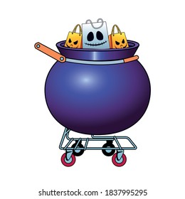 halloween cauldron shopping cart and bags vector illustration design