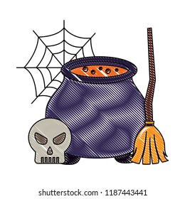 halloween cauldron skull and broom cobweb