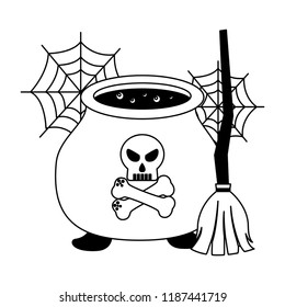 halloween cauldron with skull and broom witch