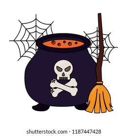 halloween cauldron with skull and broom witch