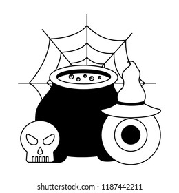 halloween cauldron with skull and set icons