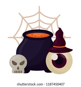 halloween cauldron with skull and set icons