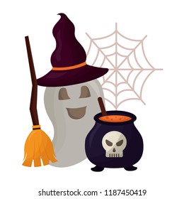 halloween cauldron with skull and set icons