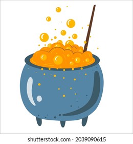 Halloween cauldron with toxic potion flat vector illustration. Isolated object on white background. Good for posters, party invitations, stickers, cards, gift.