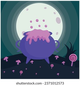 halloween cauldron vector icon with  background a night with full moon