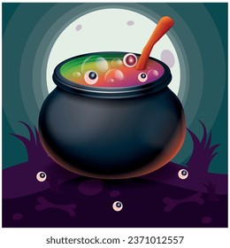halloween cauldron vector icon with ce background a night with full moon