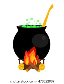 Halloween cauldron vector illustration. Witch cauldron with green potion isolated on white background