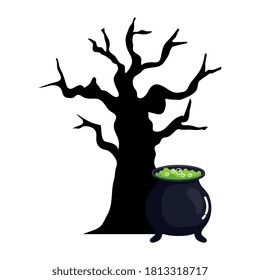 halloween, cauldron witch with dry tree on white background vector illustration design