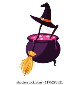 halloween cauldron with witch hat and broom