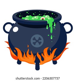 Halloween cauldron with witch's potion. Illustrated vector element. 