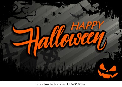 Halloween celebrate banner with brush stroke background, hand lettering text Happy Halloween and traditional holiday spooky symbols. Vector illustration.