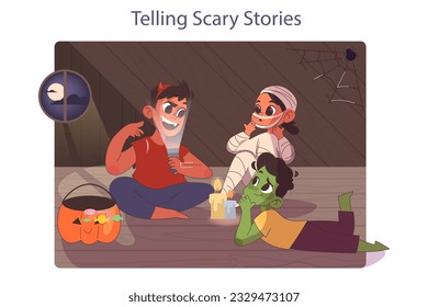 Halloween celebrating. Friends on a trick or treat party. Happy children wearing costumes and telling scary stories. Spooky night tradition. Flat vector illustration