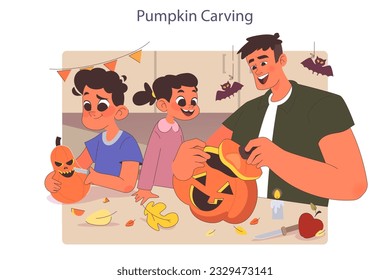 Halloween celebrating. Happy children carving pumpkins for carnival decoration. Family trick or treat party. Scary night tradition. Flat vector illustration