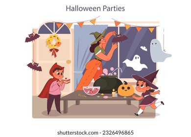 Halloween celebrating. Happy children wearing costume. Friends on a trick or treat party with carnival decorations and pumpkins. Scary night traditions. Flat vector illustration
