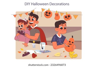 Halloween celebrating. Happy children wearing costumes. Friends on a trick or treat party. Carnival decorations and pumpkin curving. Scary night traditions. Flat vector illustration