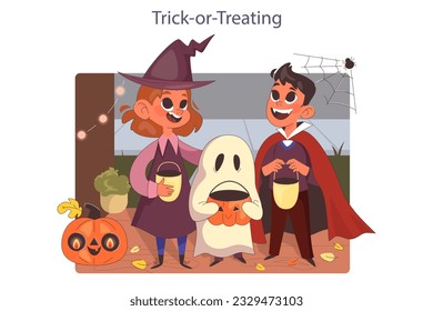 Halloween celebrating. Happy children wearing costume trick or treating. Friends collecting sweets and candies. Scary night tradition. Flat vector illustration