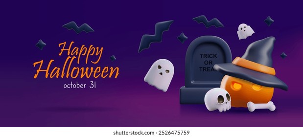 Celebración de Halloween. Anuncio de Vector 3D con fondo espeluznante, sombrero, fantasma, calabaza, murciélagos, cráneo y lápida. Perfecto para la invitación de fiesta de truco o trato en octubre.