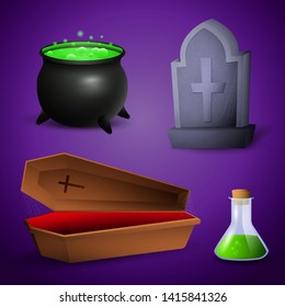 Halloween celebration attributes. Poison, coffin, pot and grave. Can be used for topics like holiday, mystery, horror 