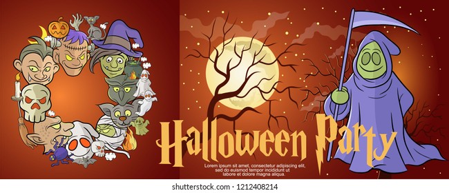 Halloween celebration backdrop or party invitation,with full moon and trees silhouette background,Halloween character cartoon style illustration