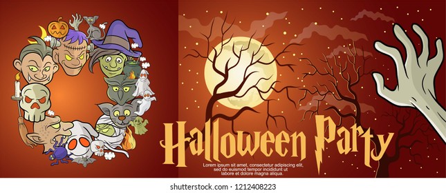 Halloween celebration backdrop or party invitation,with full moon and trees silhouette background,Halloween character cartoon style illustration