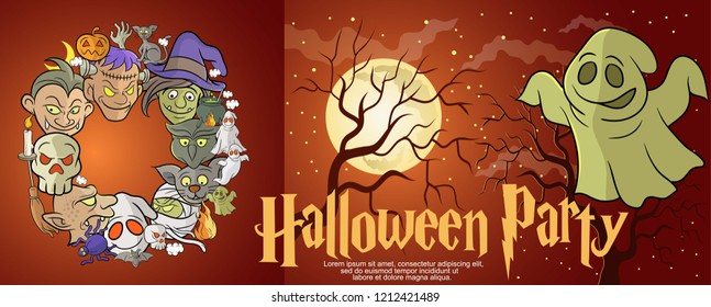 Halloween celebration backdrop or party invitation,with full moon and trees silhouette background,Halloween character cartoon style illustration
