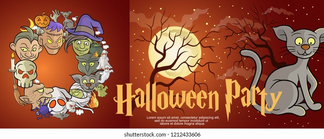 Halloween celebration backdrop or party invitation,with full moon and trees silhouette background,Halloween character cartoon style illustration