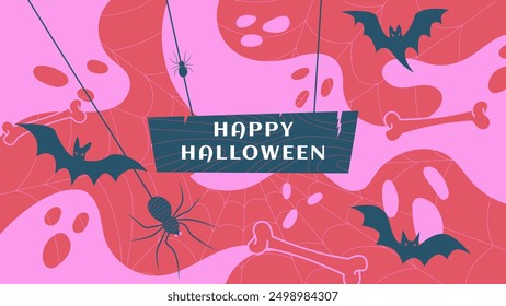 A Halloween celebration background featuring flying ghosts, bats, and a spider