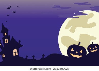 halloween celebration background with icons of moon, pumpkin, castle and copy space area. vector for banner, poster, greeting card, social media.