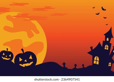 halloween celebration background with icons of moon, pumpkin, castle and copy space area. vector for banner, poster, greeting card, social media.