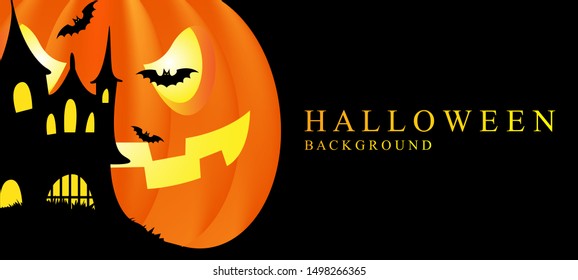 Halloween celebration background with illustrations of houses, bats and pumpkins.