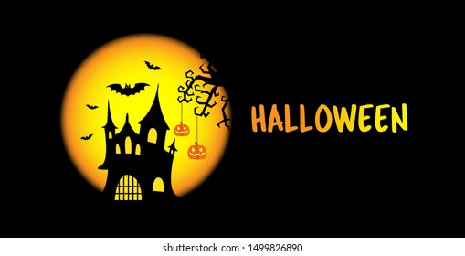 Halloween celebration background with illustrations of houses, trees, bats and pumpkins.