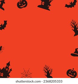 Halloween celebration background with silhouette cartoon icons and free copy space area. vector for banner, greeting card, poster, web, social media.