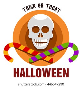 Halloween celebration badge, label or logo with skull and candies isolated