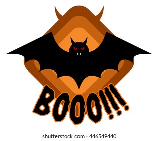 Halloween celebration badge, label or logo with vampire bat and boo text isolated