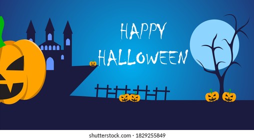 halloween celebration banner design. blue background for halloween celebration. castle and pumpkin illustration
