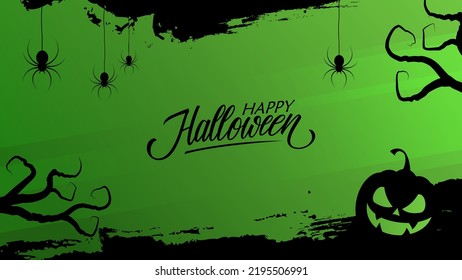 Halloween celebration banner with hand lettering Happy Halloween and black brush strokes. Green and black color. Vector illustration.