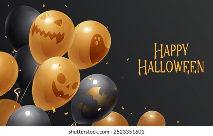 Halloween celebration banner Orange black balloon on black background