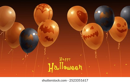 Halloween celebration banner Orange Black balloon on orange gradient background