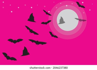 halloween celebration with bats with moon and stars on purple background