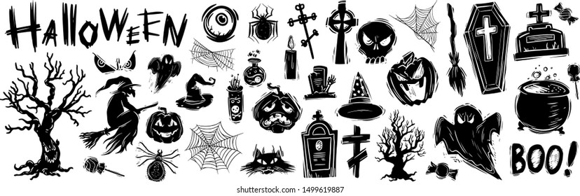 Celebración de Halloween: conjunto de ilustraciones en blanco y negro. Siluetas tradicionales de todos los santos día símbolos. Carteles decorativos y calabazas, arañas, tumbas, colección de pegatinas