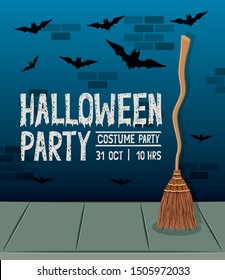 halloween celebration card with bats flying and broom