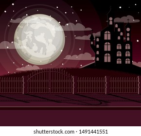 halloween celebration card with castle in the dark