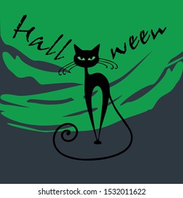 Halloween celebration card with cat's silhouette, vector illustration