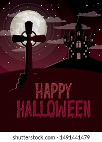 halloween celebration card with cemetery and castle scene